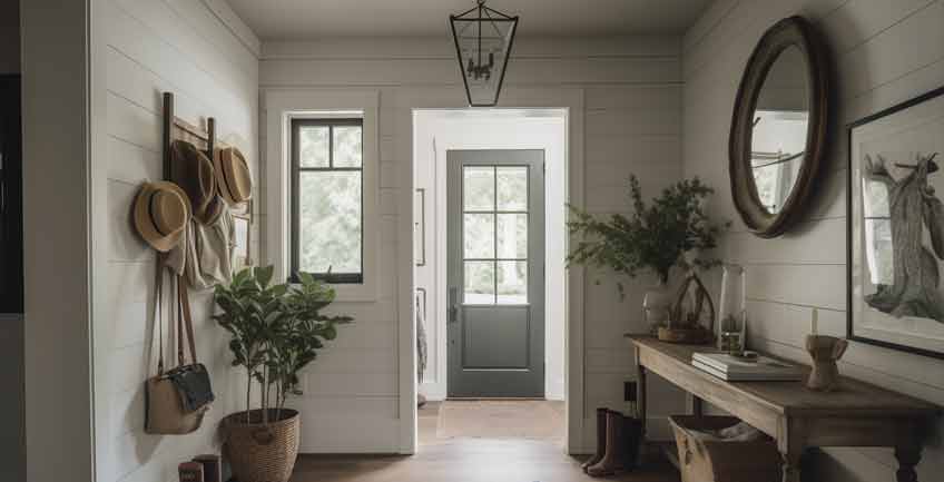 Shiplap foyer showcasing HGTV-style interior design in a Denver, Colorado home