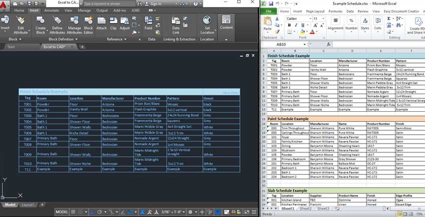 Excel spreadsheet integrated into AutoCAD for Denver interior design documentation