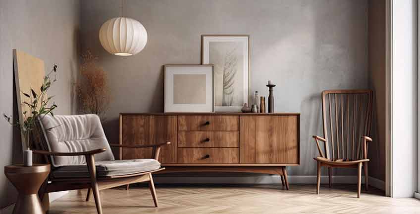 Midcentury modern dresser and chair in a professionally designed Denver, Colorado interior