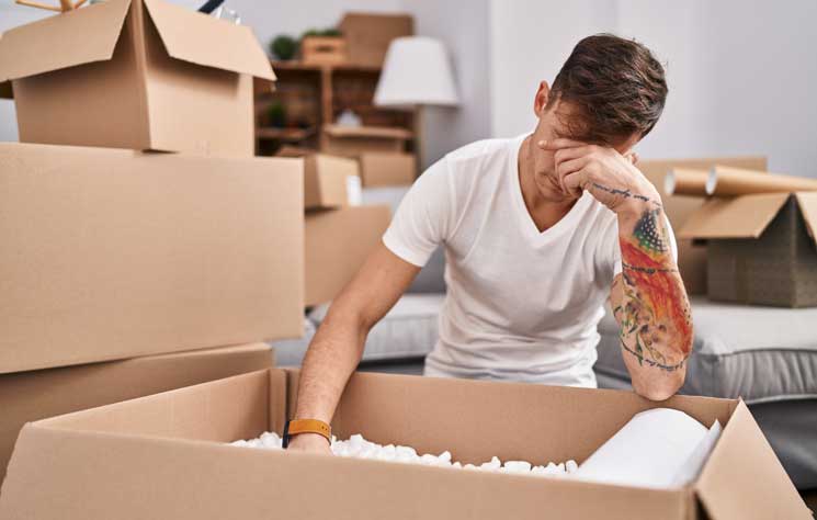 Interior designer in Colorado unboxing furnishings for a residential design installation