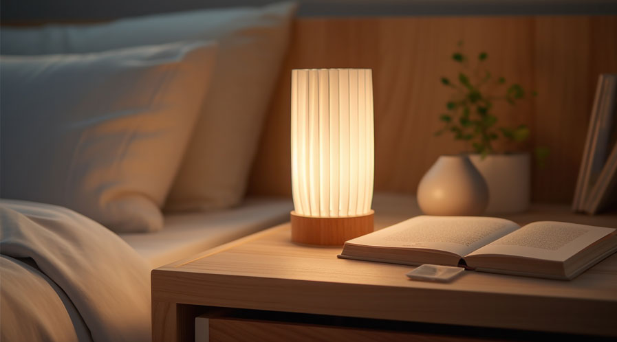 Midcentury modern nightstand with lamp and books in a cozy Colorado bedroom design
