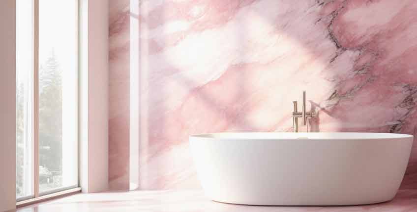 High-end Denver bathroom design gone awry with controversial pink marble