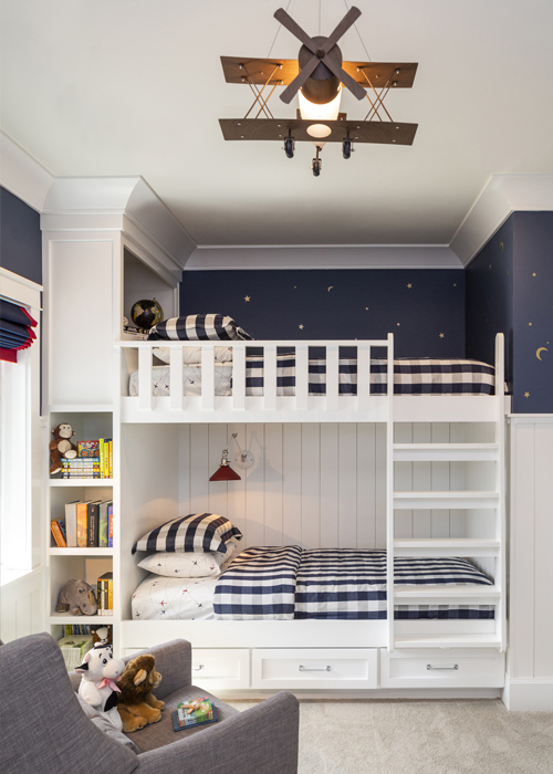 Built-in bunk bed with airplane light fixture in Denver kid-friendly home