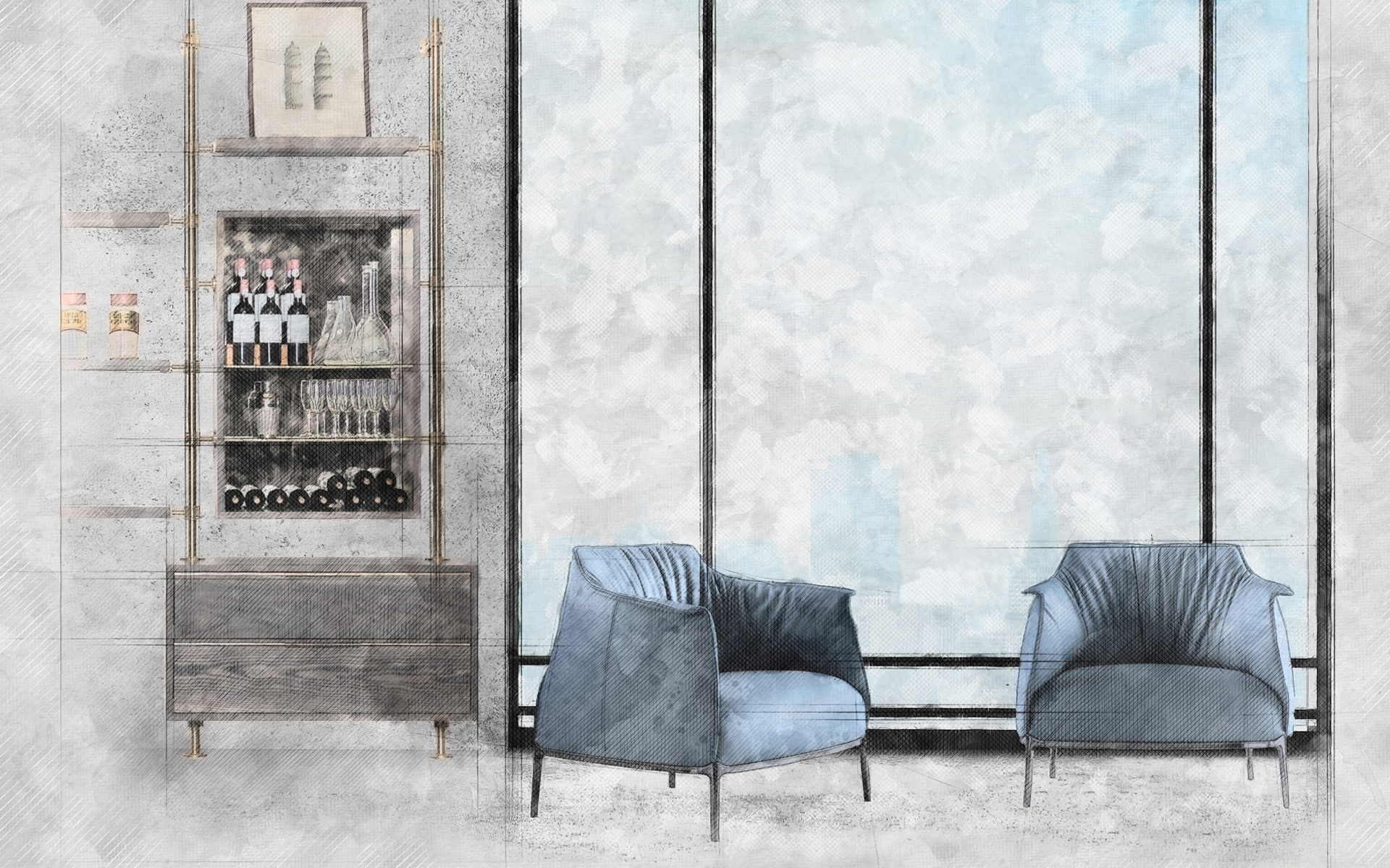 Highrise lounge sketch for luxury Denver condominium interior design