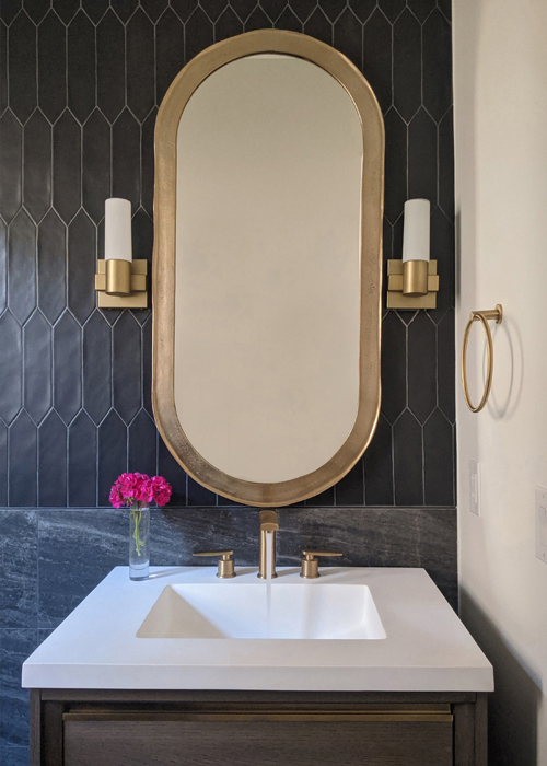 Modern black powder bath with brass fixtures, Denver luxury design