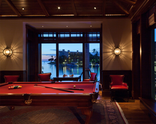 Billiard room with red pool table, Denver game room interior design