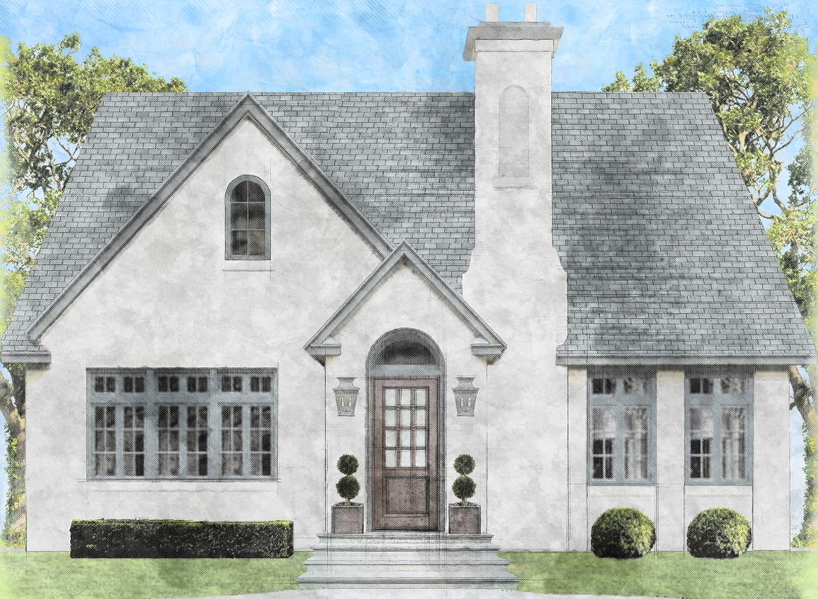 Simple white stucco Tudor-style dream home sketch for Denver residential design, featuring front chimney and timeless, efficient architecture