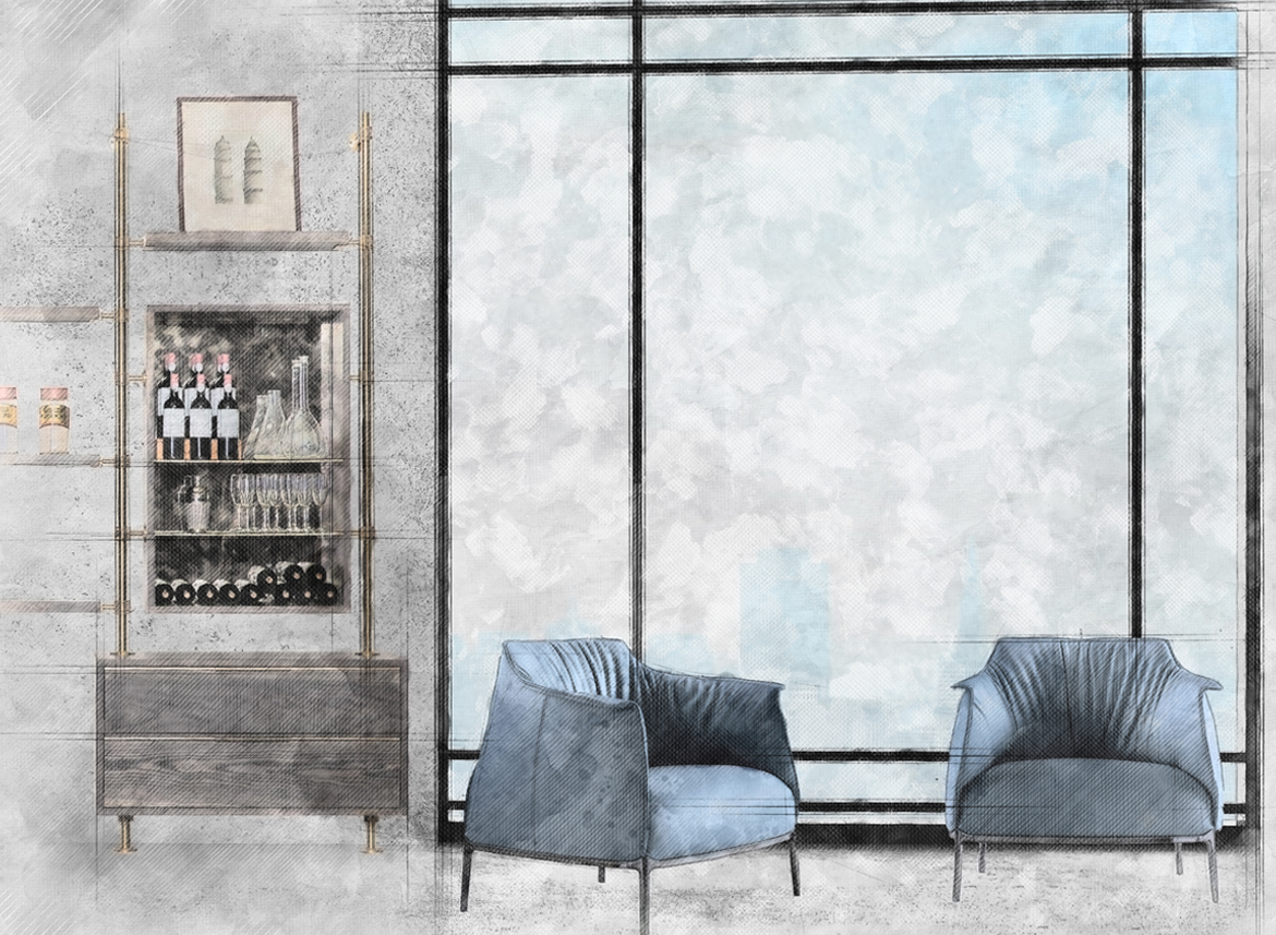 Interior Design Denver high-rise lounge sketch featuring modern blue leather chairs, concrete walls, sleek drink bar, and mixed metal finishes for a multi-family condo