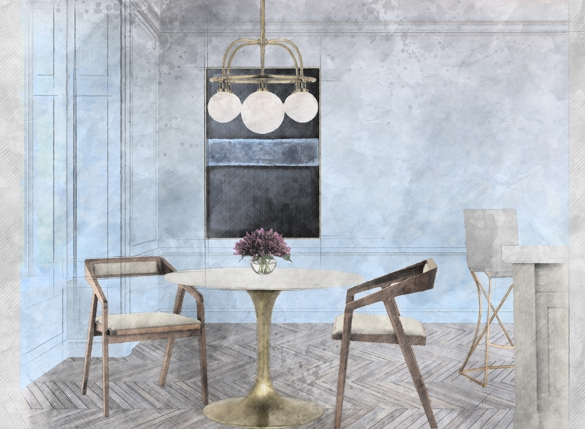 Mid-Century Modern breakfast nook design sketch in Denver featuring curated vintage-style furnishings, warm wood tones, and natural light for a cozy dining space