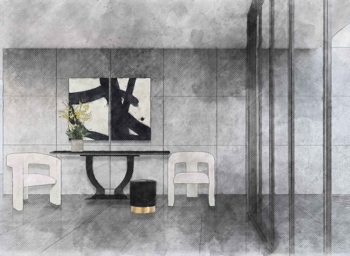 Interior Design Denver pool house sketch with clean-lined architecture, Lee Jofa chairs, minimalist accessories, and seamless indoor-outdoor concrete tile flooring
