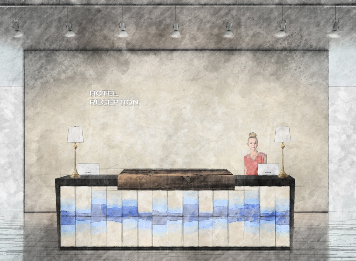 Custom reception desk design in Denver interior design project, featuring reclaimed wood slab, ombre tile accents, and modern hospitality styling