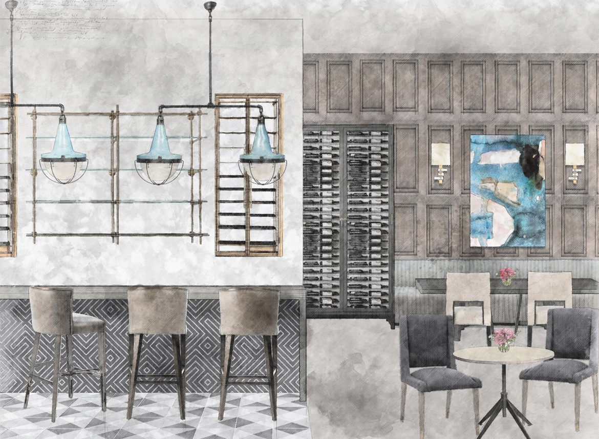 Interior Design Denver restaurant and bar design sketch emphasizing sound control, optimal lighting, and seating layout for a stylish hospitality environment
