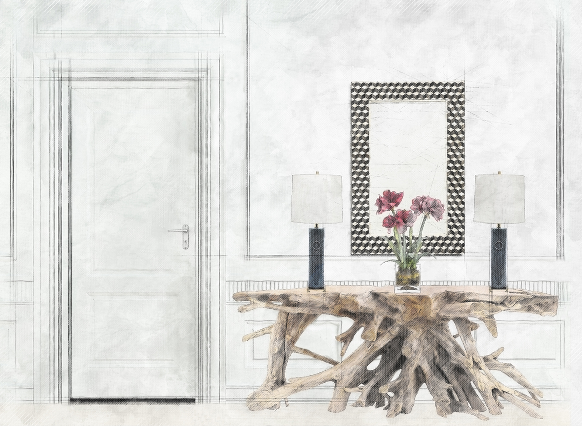 Chic vestibule concept sketch for Interior Design Denver project, featuring white millwork, driftwood table, geometric mirror, and curated unique furnishings